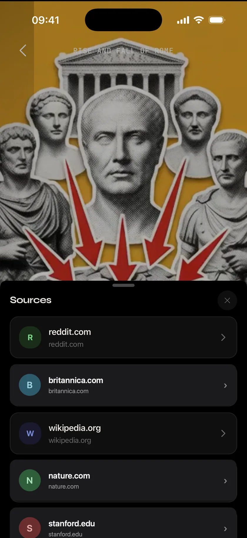 The Brainjuice sources screen citing where a lesson comes from